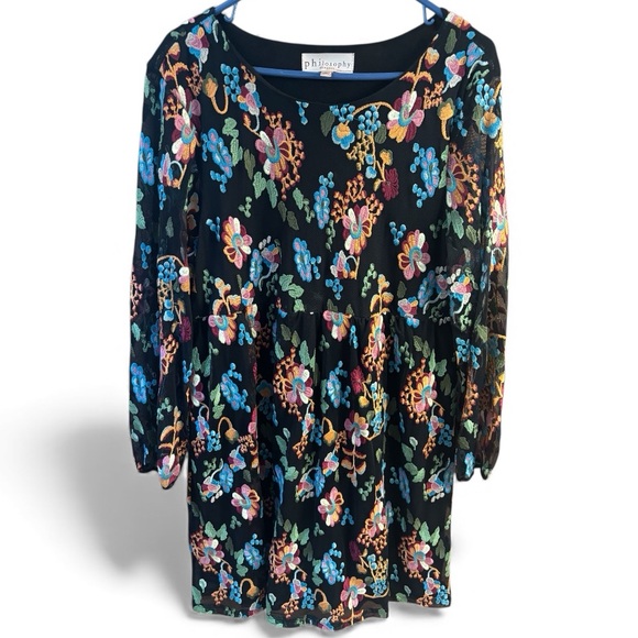 Philosophy Black Mesh Floral Embroidered Sheer Sleeve Dress XL Boho Chic - Picture 1 of 9
